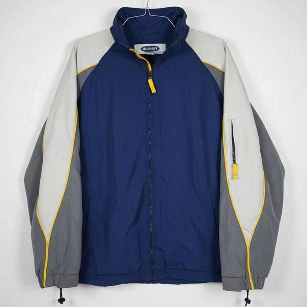 Vintage Old Navy Men's Blue, Gray, and Yellow Windbreaker